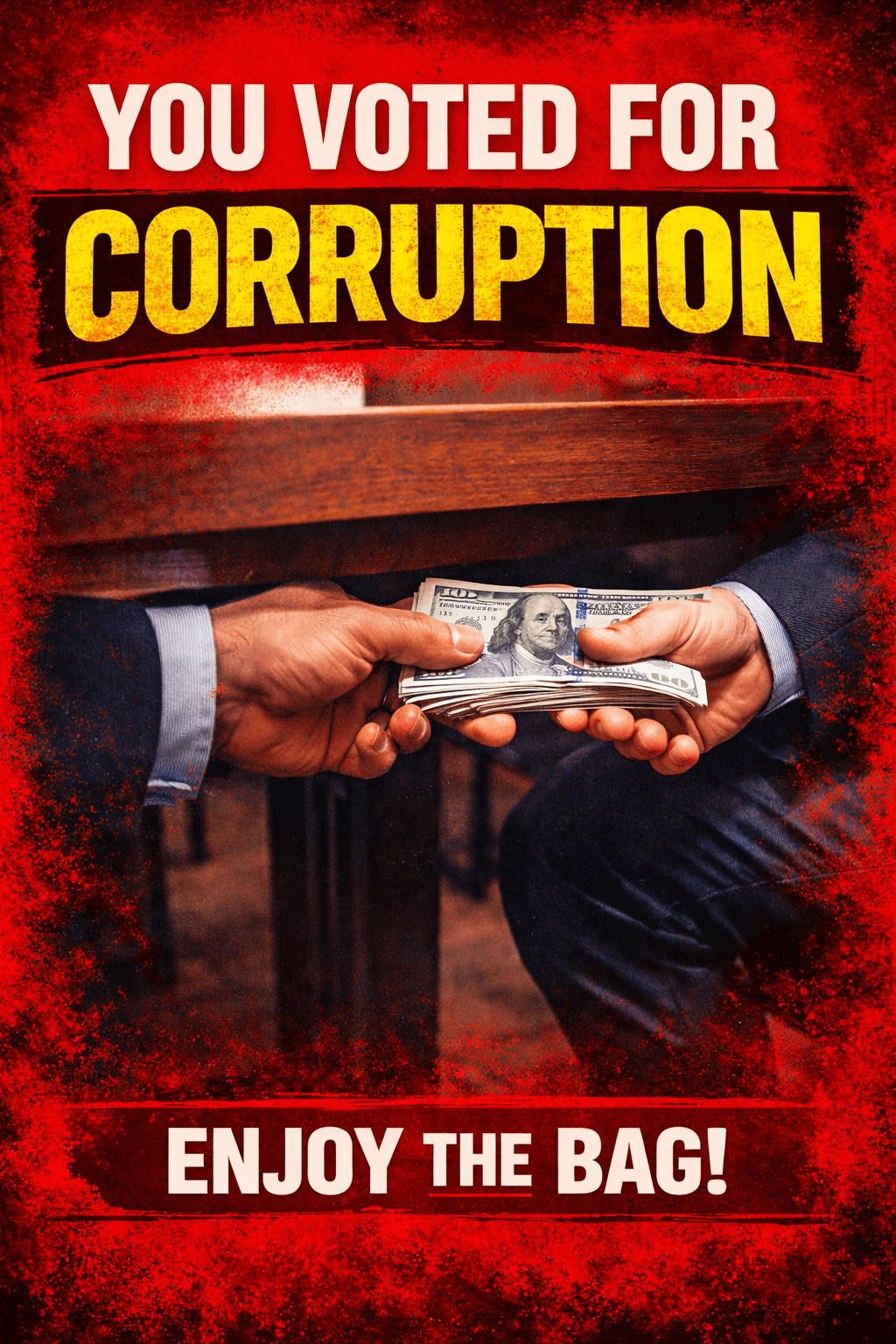 Red advocacy poster using a cash handoff image to criticize corruption in government.