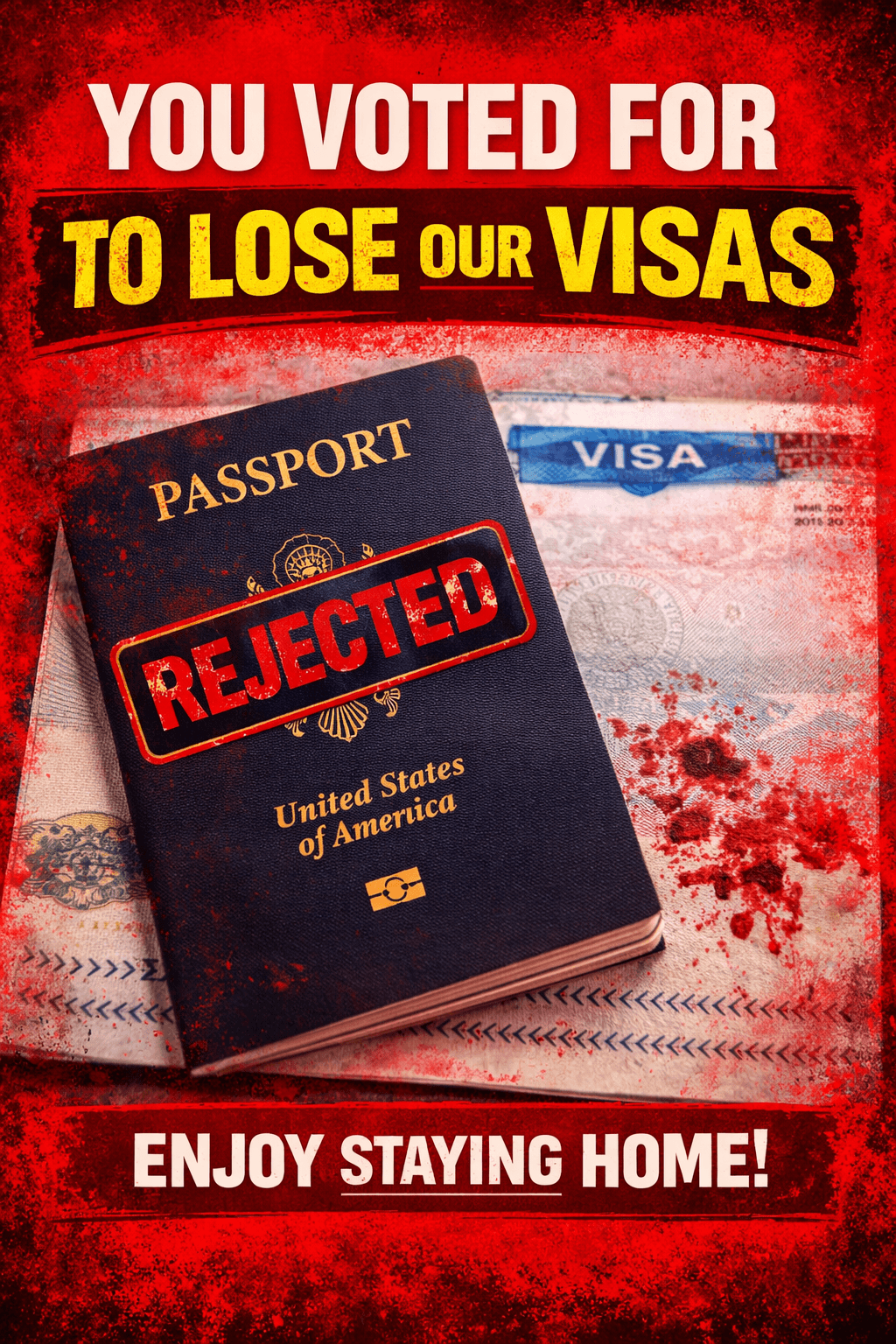 Red advocacy poster linking passport or visa risk to Antigua and Barbuda's political choices.