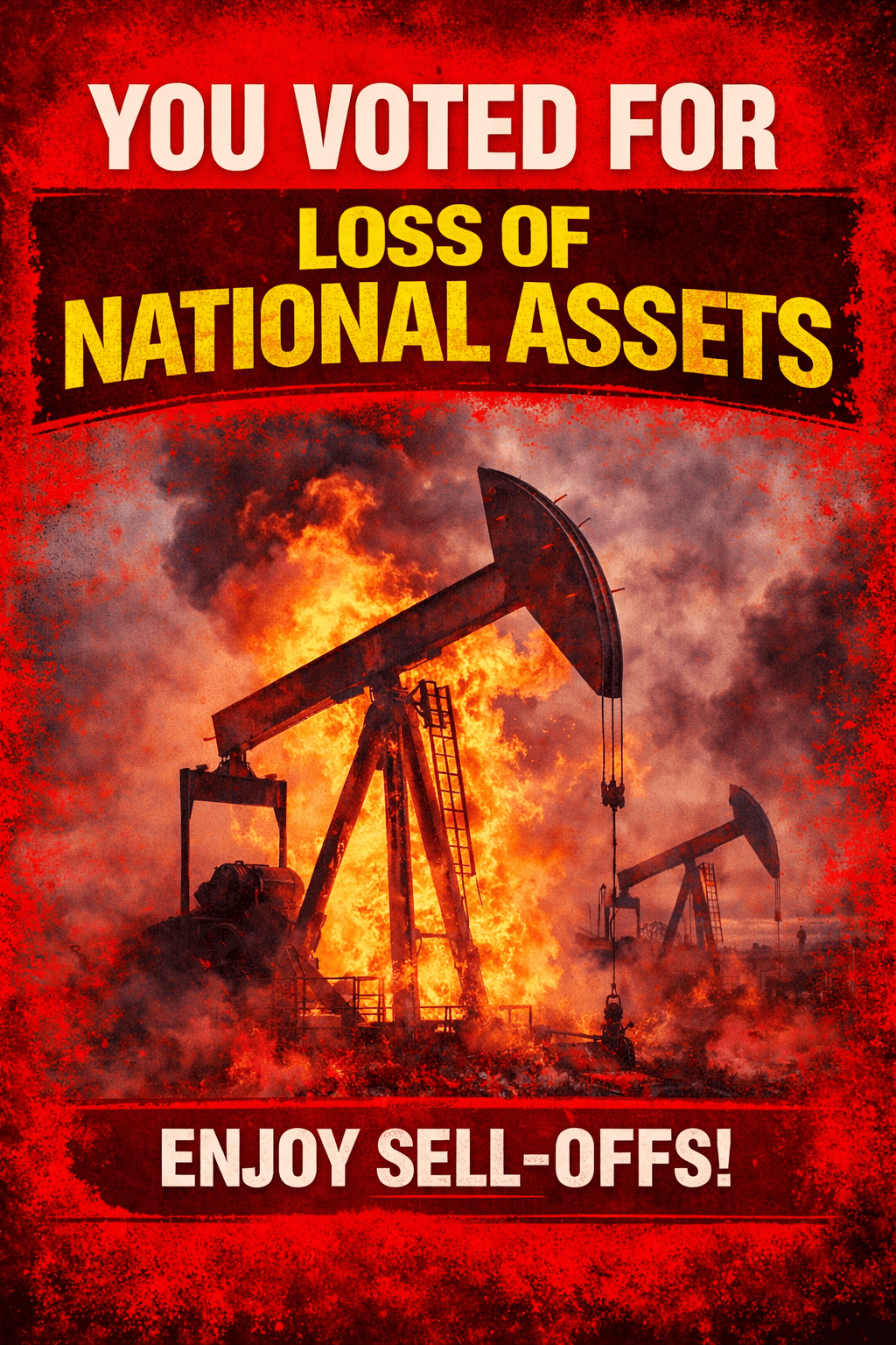 Red advocacy poster criticizing the loss or sale of national assets.